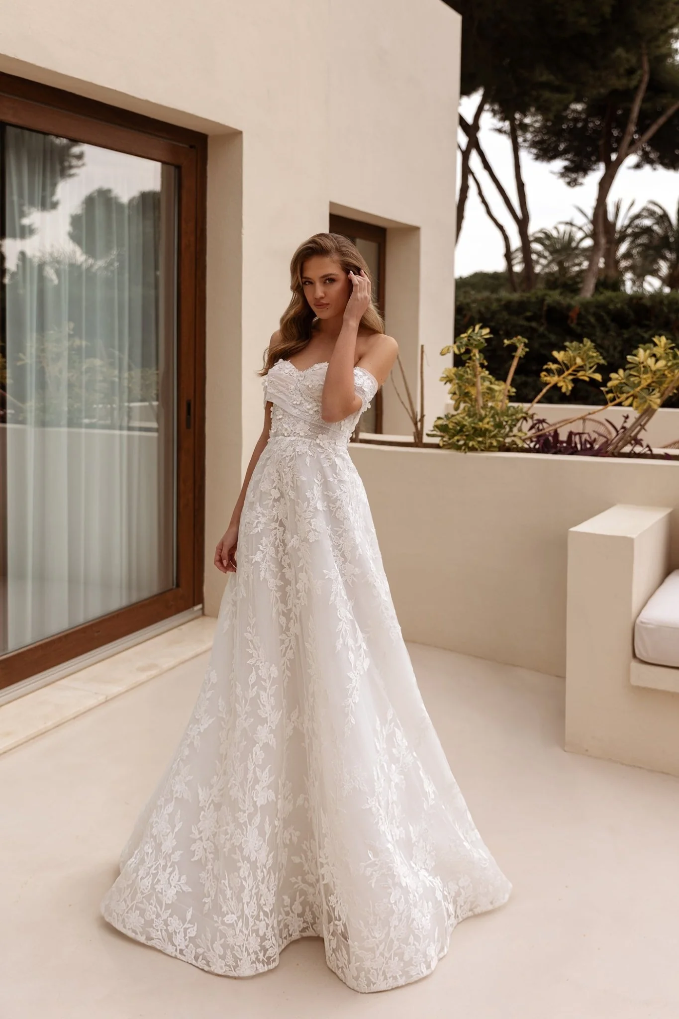 Off-the-Shoulder White Lace Wedding Dress with Floral Embroidery and Flowing Floor-Length Train - Plus Size-Sebastian