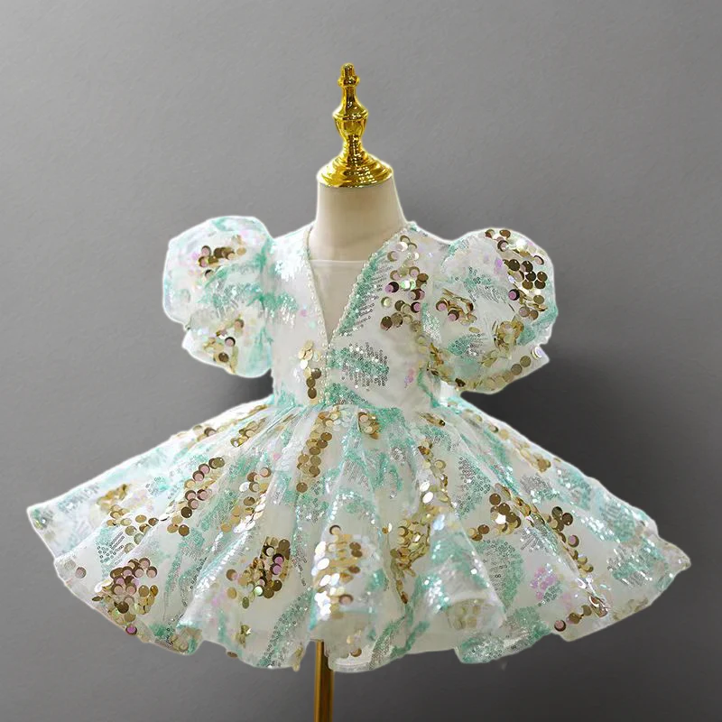 Sequin Tulle Flower Girl Dress with Puff Sleeves in White and Mint – Plus Size - Image 2