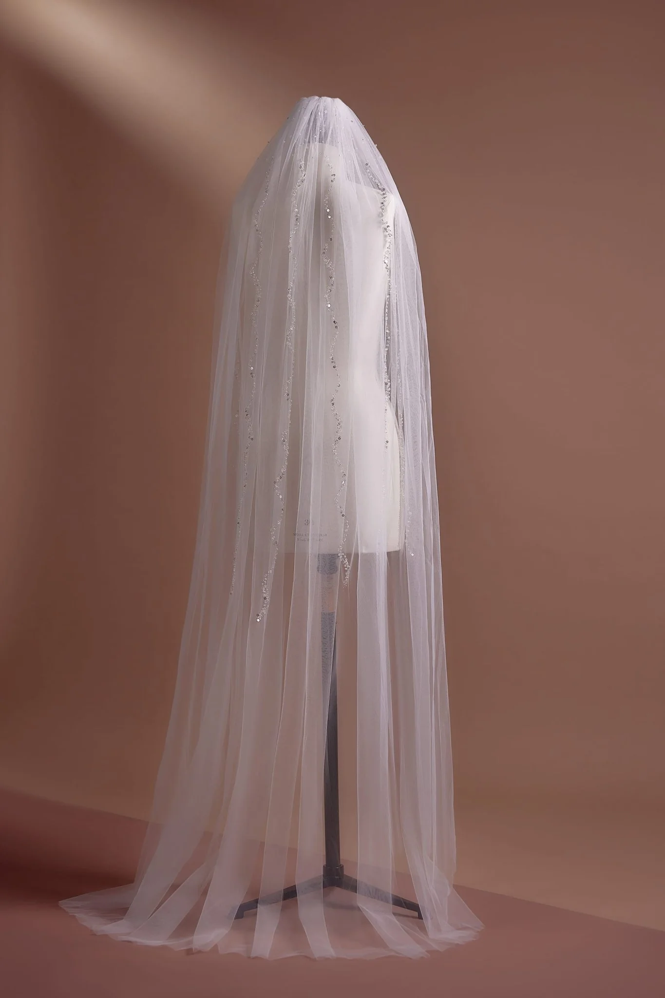 Sequined Embellished Long Tulle Wedding Veil, Available with or without Comb