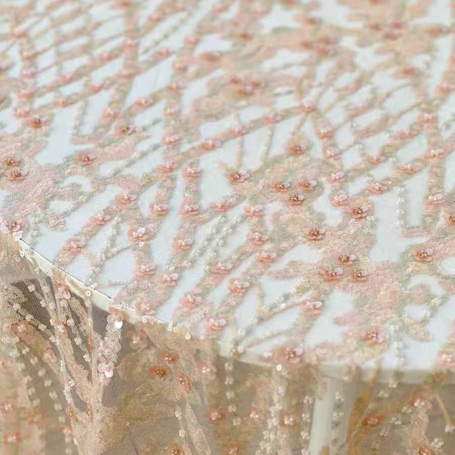 Sequined Floral Embroidered Lace Fabric in Soft Peach
