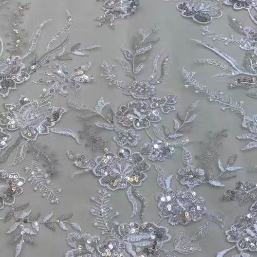 Sequined Floral Embroidered Mesh Lace Fabric in Steel Gray