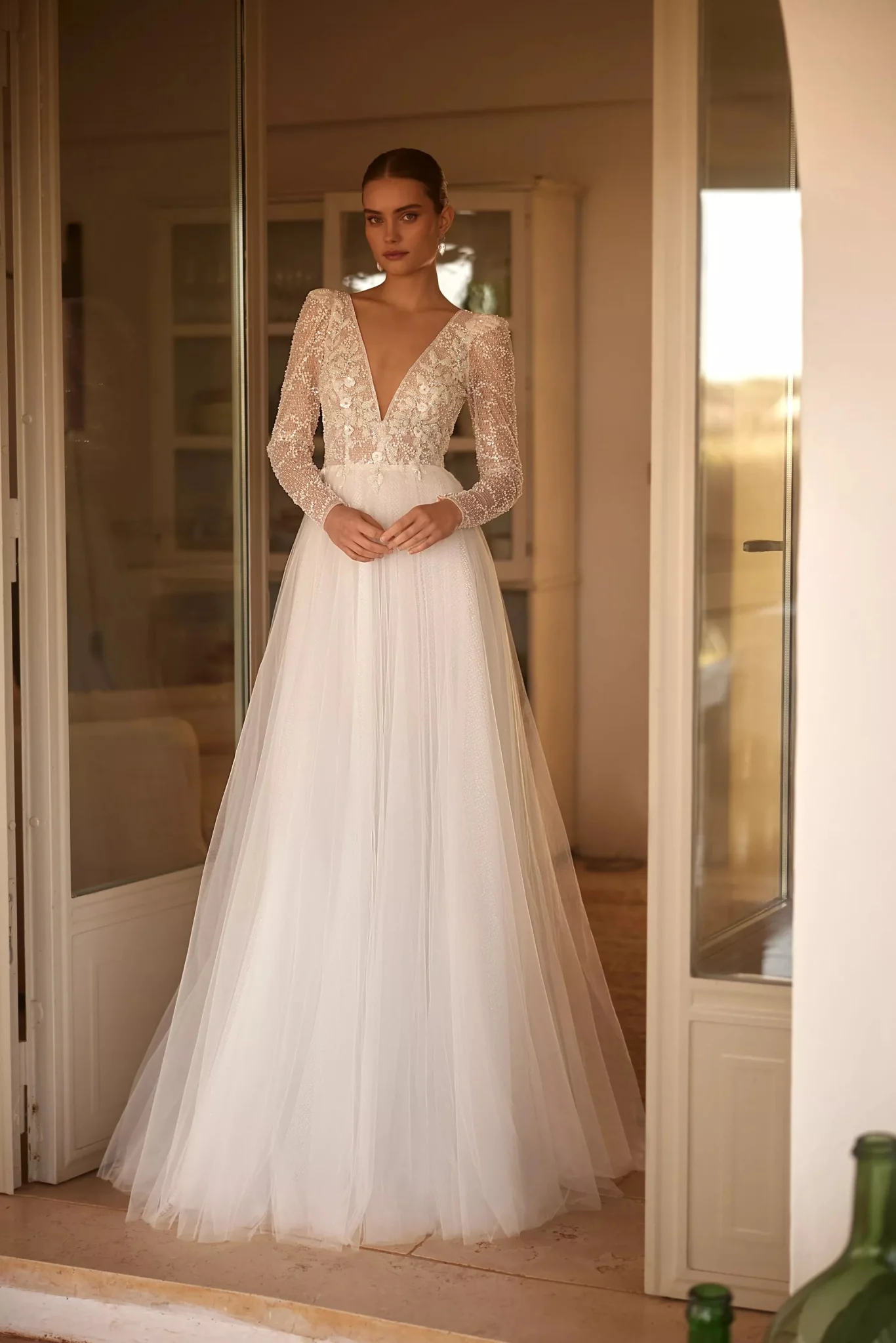 Sequined Long Sleeve Tulle Wedding Gown with Plunging Neckline Plus Size