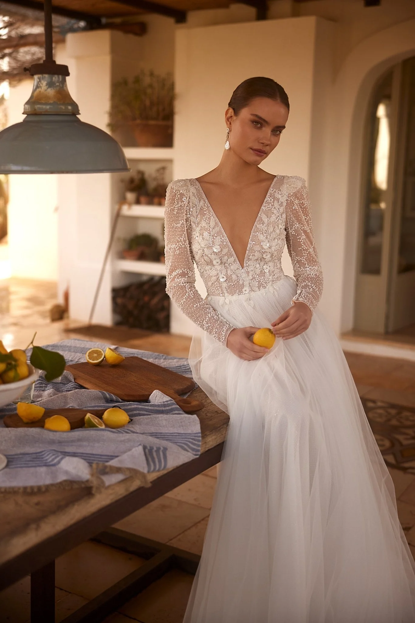 Sequined Long Sleeve Tulle Wedding Gown with Plunging Neckline Plus Size - Image 2