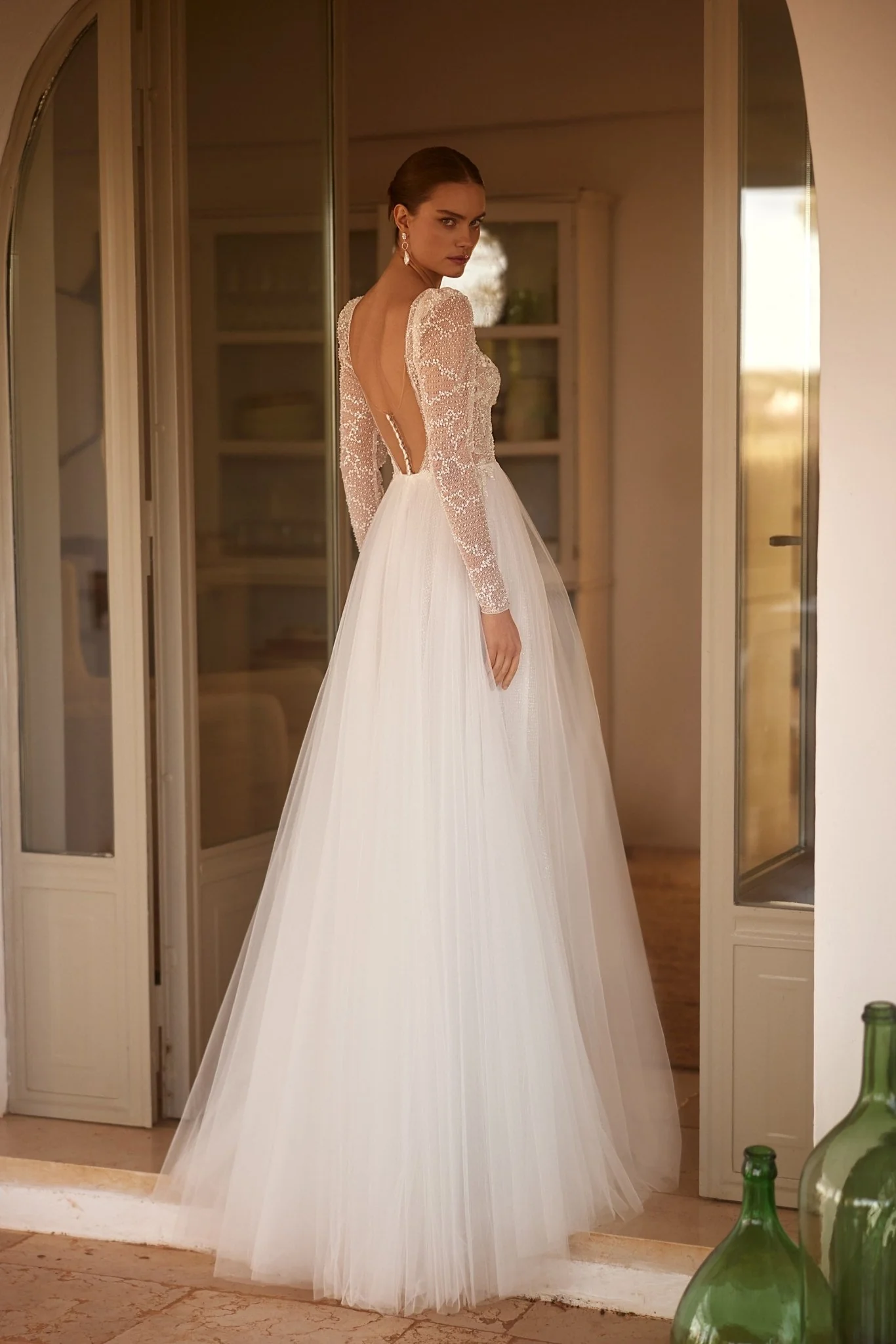 Sequined Long Sleeve Tulle Wedding Gown with Plunging Neckline Plus Size - Image 3