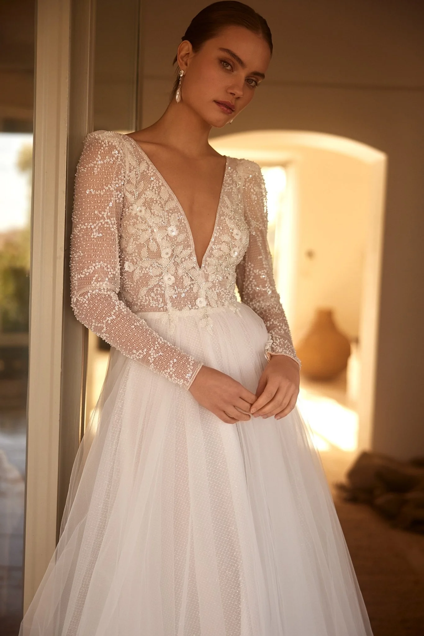 Sequined Long Sleeve Tulle Wedding Gown with Plunging Neckline Plus Size - Image 4
