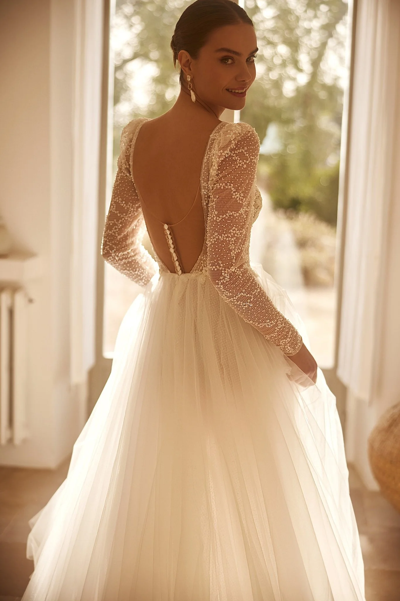 Sequined Long Sleeve Tulle Wedding Gown with Plunging Neckline Plus Size - Image 5