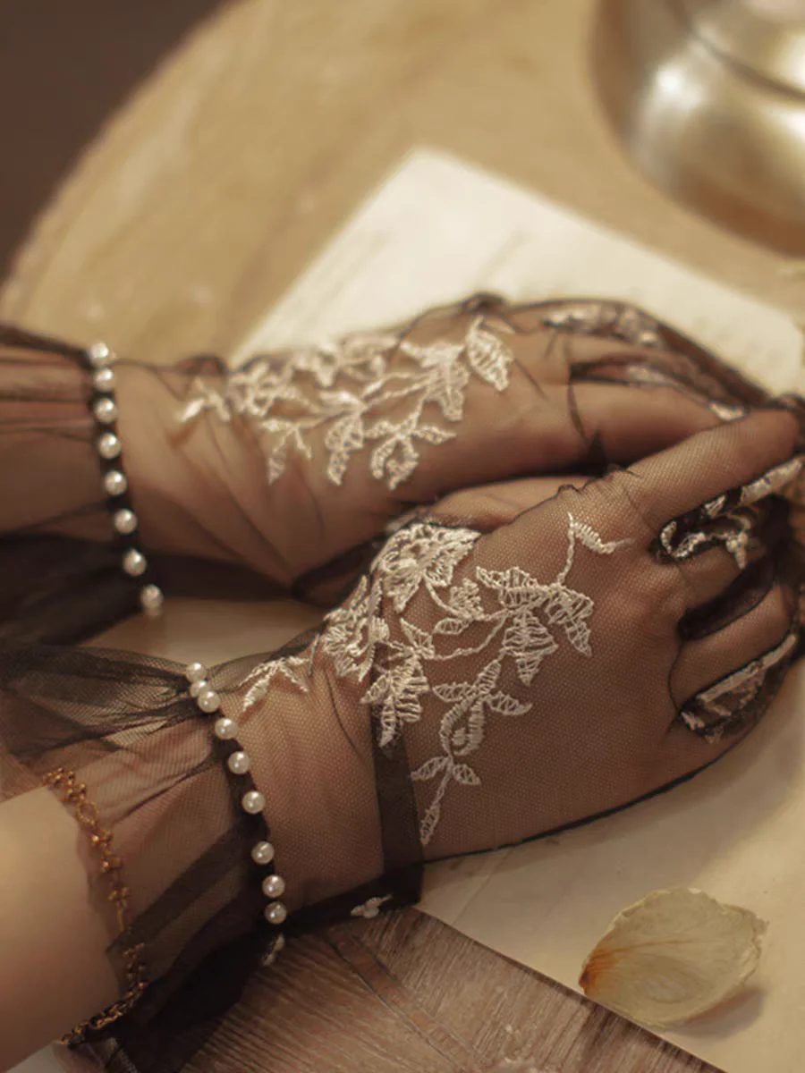 Sheer Black Lace Gloves with Floral Embroidery and Pearl Accents - Image 4