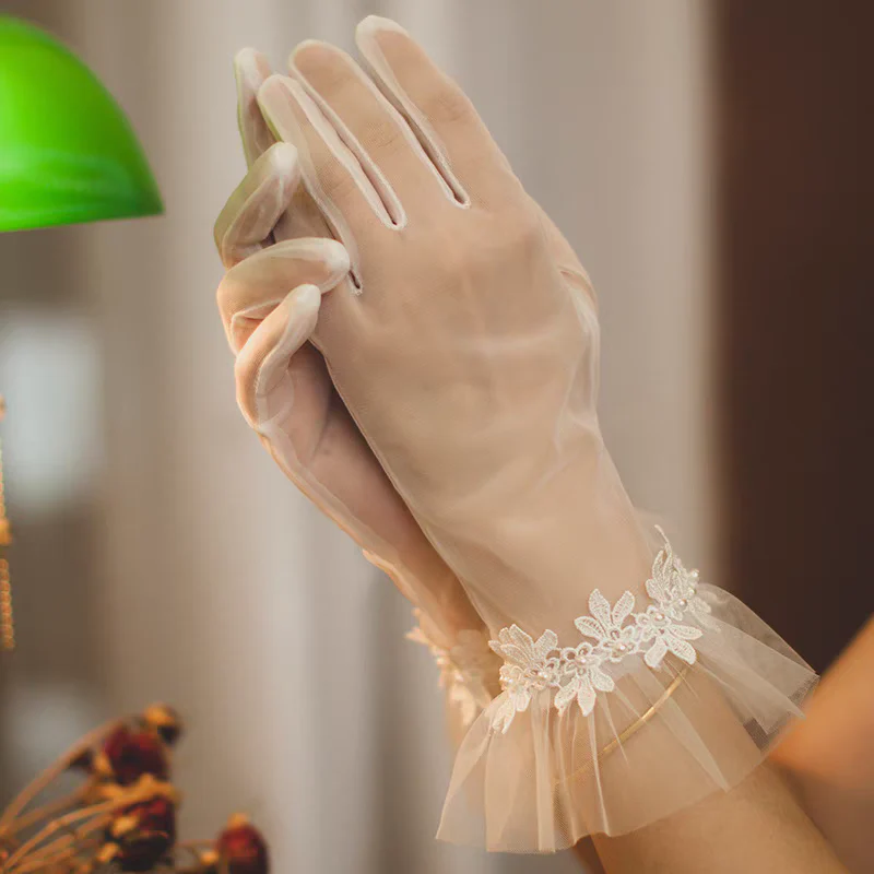 Sheer Bridal Gloves with Tulle Ruffle Cuffs and Floral Appliqué - Delicate Wedding Accessory - Image 2