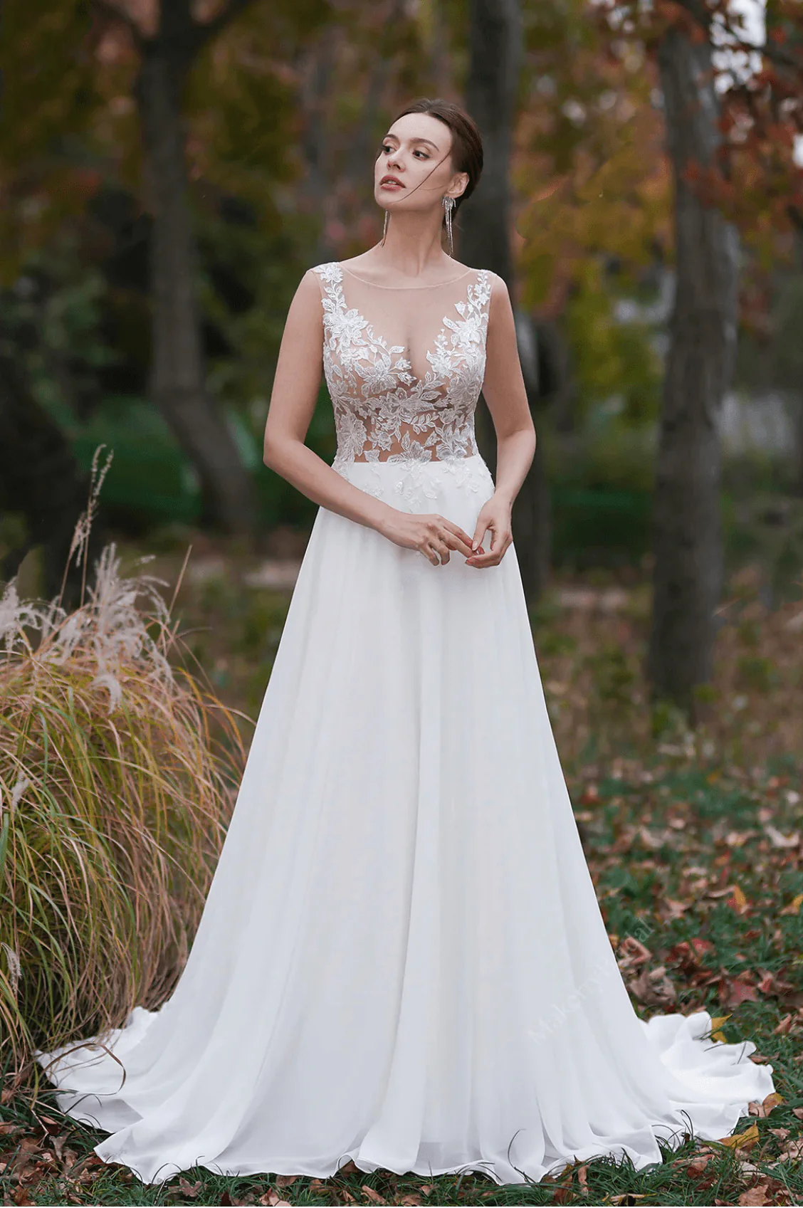 Sheer Lace Applique Embroidery Beach A- Line Light Ivory Wedding Dress - Plus Size