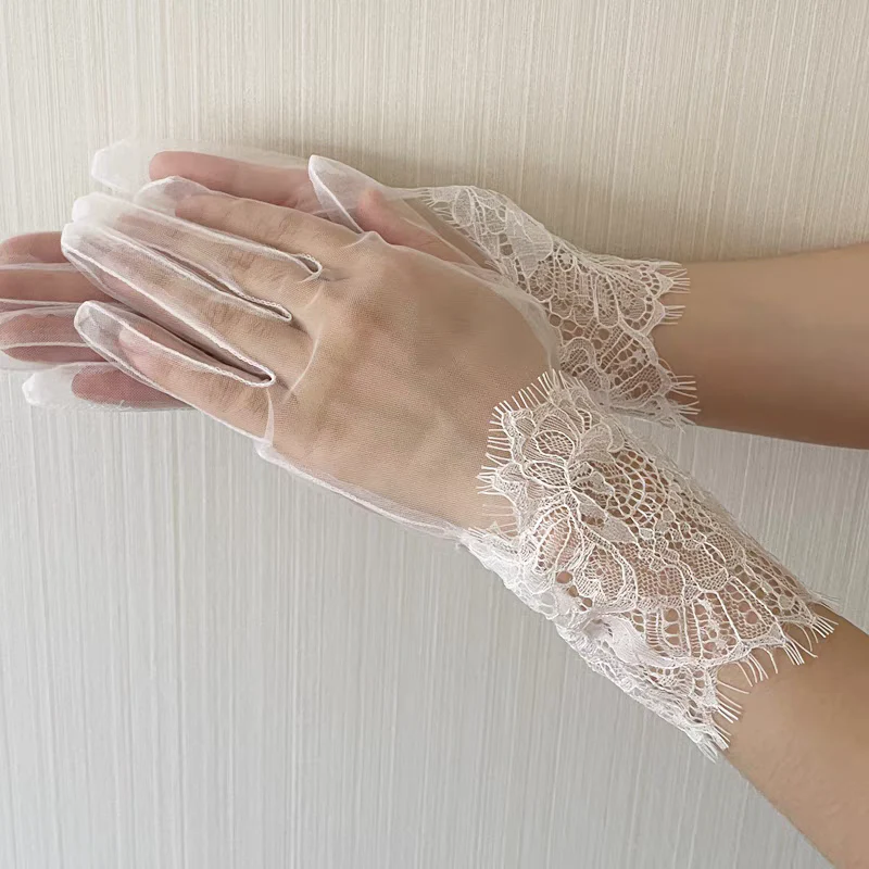 Sheer White Gloves with Intricate Lace Cuffs - Image 3