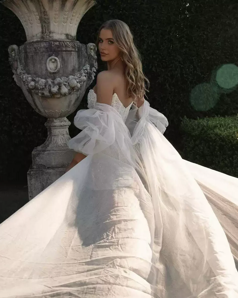 Short Bridal Wedding Dress with Convertible Puffy Tulle Train – Strapless Sequin Wedding Dress Plus Size - Image 5