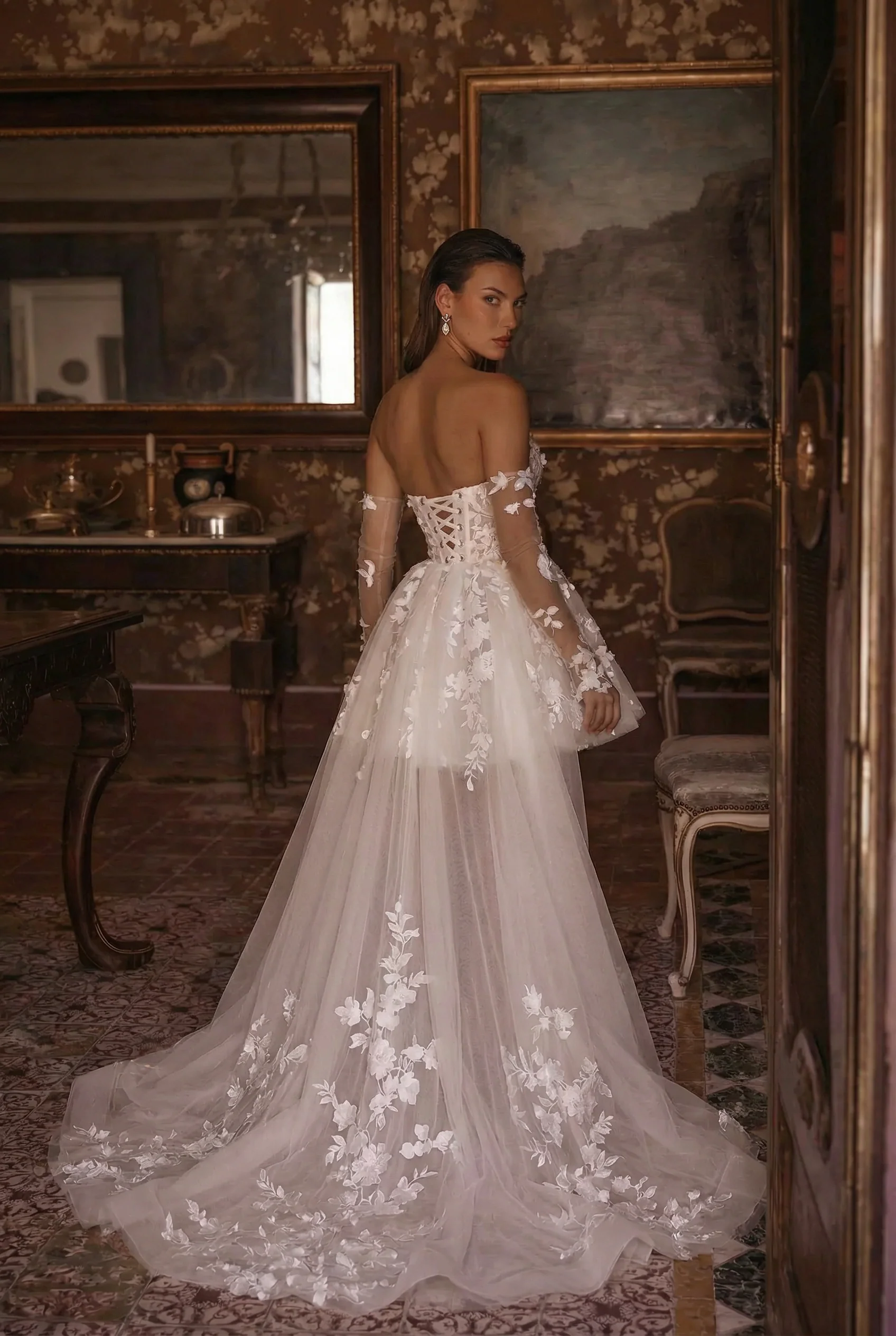 Short Floral Lace Wedding Dress with Corset Bodice and Convertible Sleeves – Strapless Wedding Dress Plus Size - Image 3