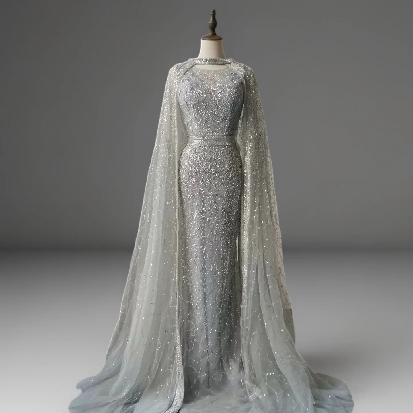 Silver Convertible Sequin Evening Gown with Cape Overlay – Silver Glitter Dress with Open Back Plus Size