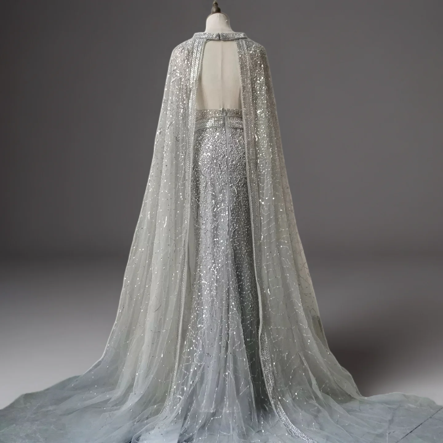 Silver Convertible Sequin Evening Gown with Cape Overlay – Silver Glitter Dress with Open Back Plus Size - Image 2