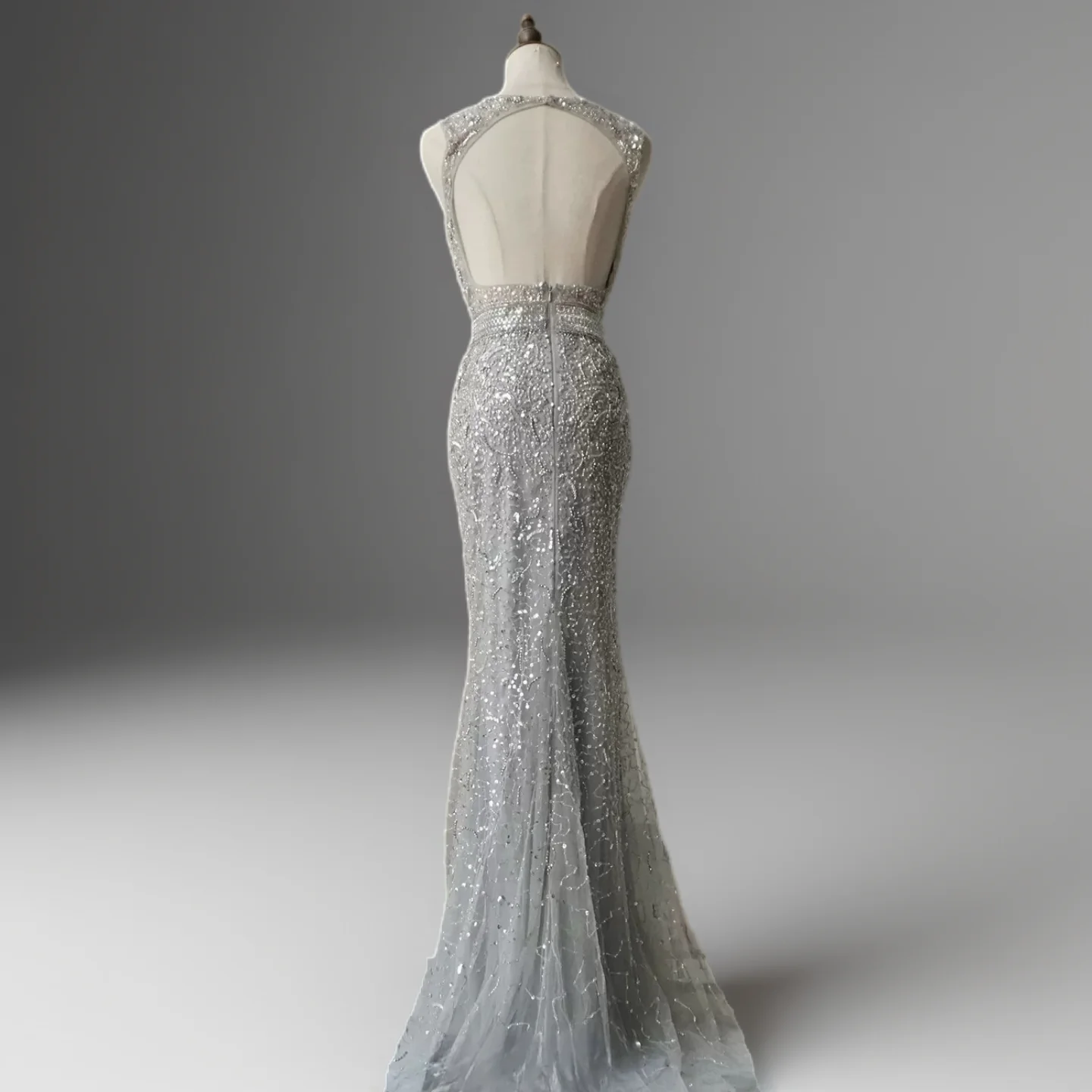 Silver Convertible Sequin Evening Gown with Cape Overlay – Silver Glitter Dress with Open Back Plus Size - Image 3