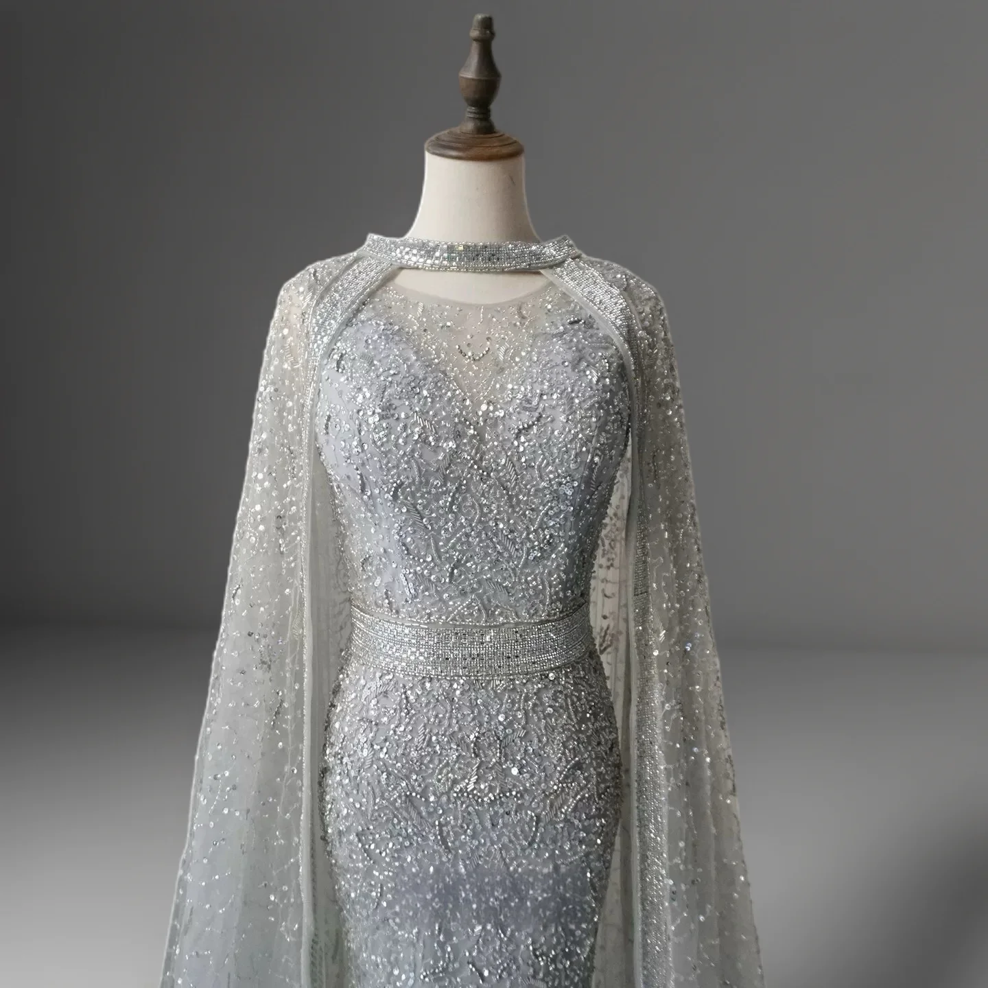 Silver Convertible Sequin Evening Gown with Cape Overlay – Silver Glitter Dress with Open Back Plus Size - Image 4