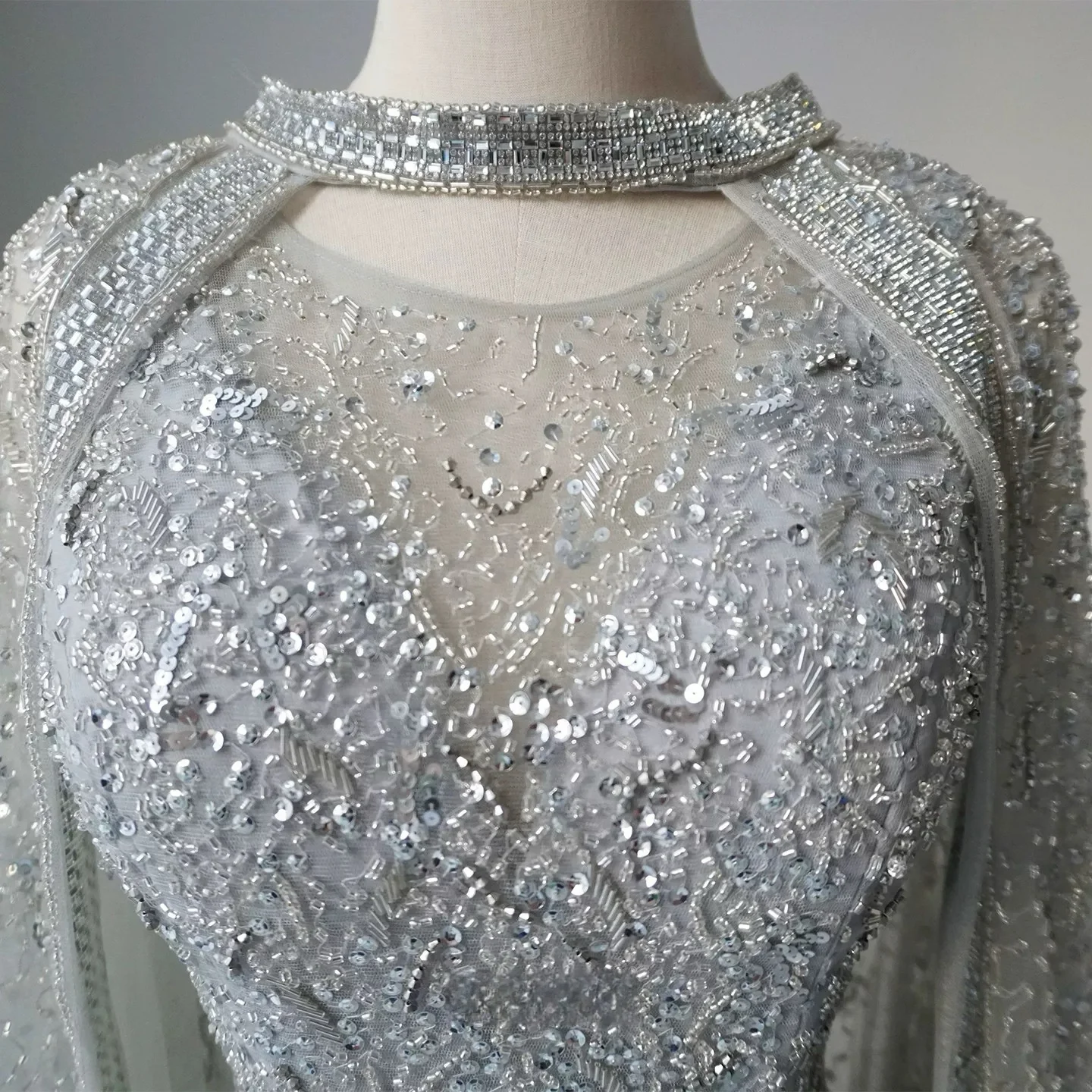 Silver Convertible Sequin Evening Gown with Cape Overlay – Silver Glitter Dress with Open Back Plus Size - Image 5