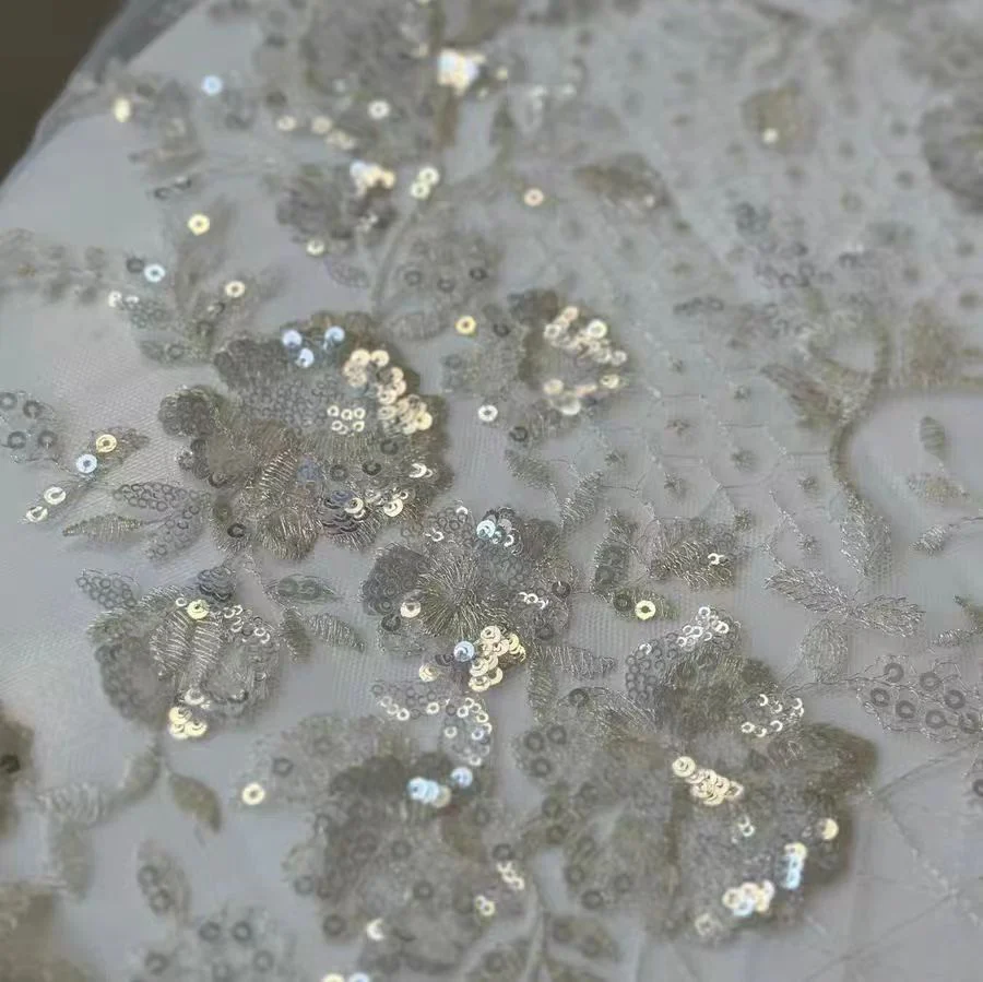 Silver Floral Sequined Lace Fabric