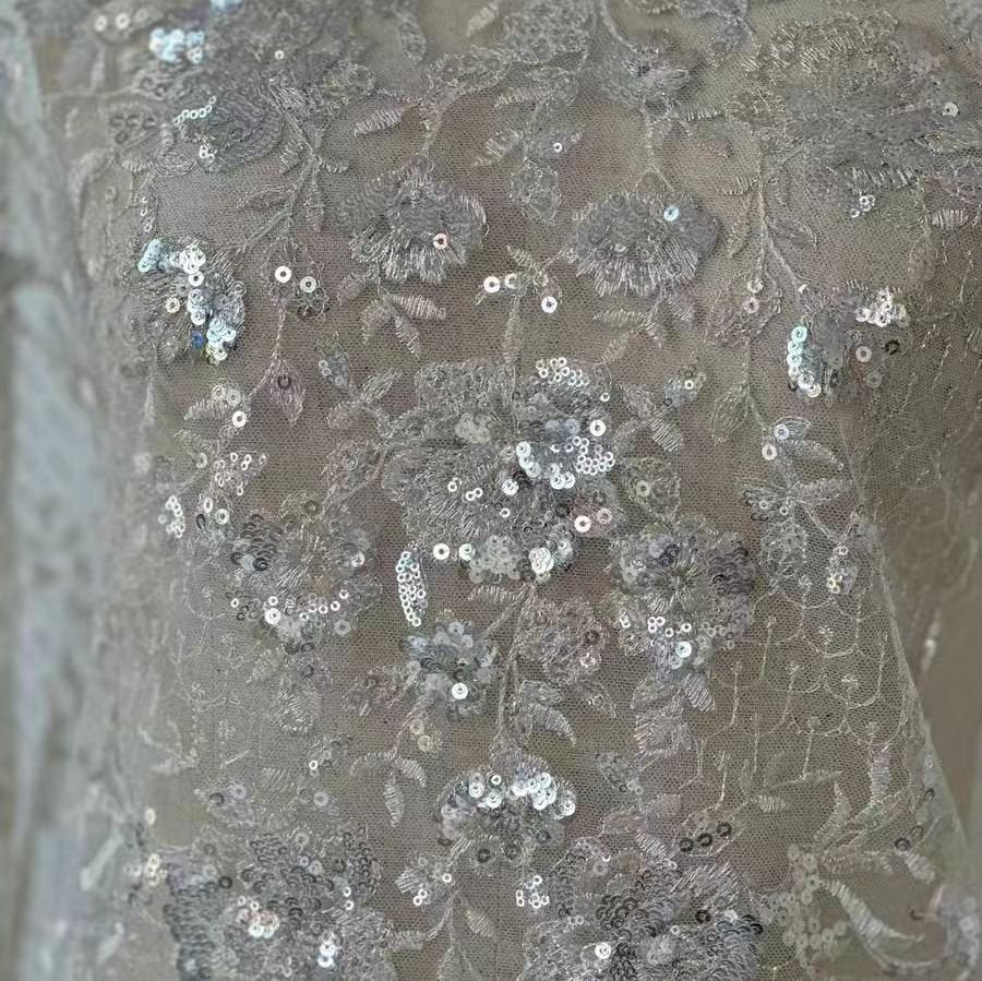 Silver Floral Sequined Lace Fabric - Image 2