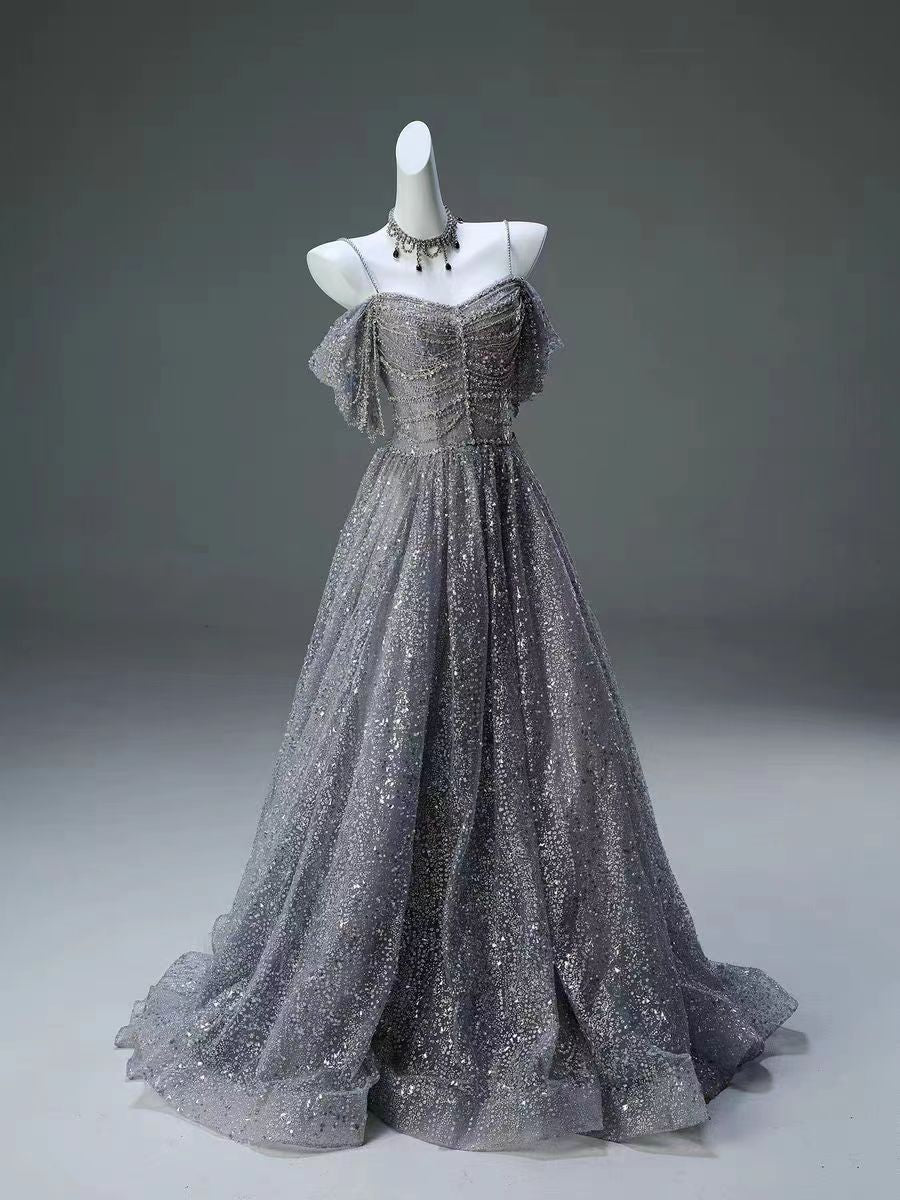 Silver Glitter Off-the-Shoulder Evening Gown - Plus Size