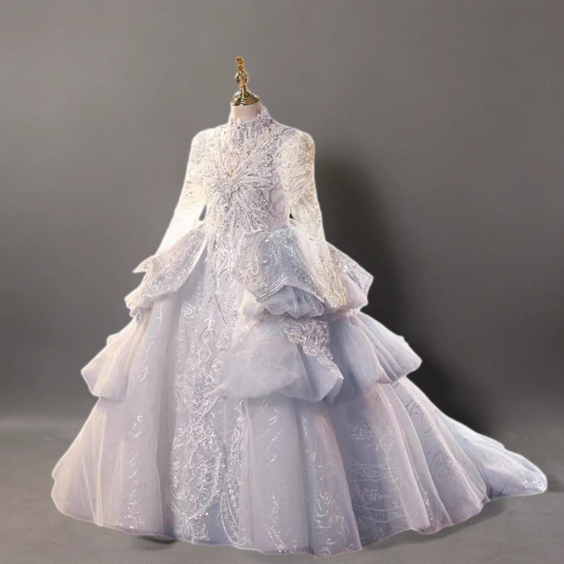 Silver High-Neck Long Sleeve Flower Girl Gown with Lace Appliqué and Layered Tulle Skirt - Plus Size - Image 3