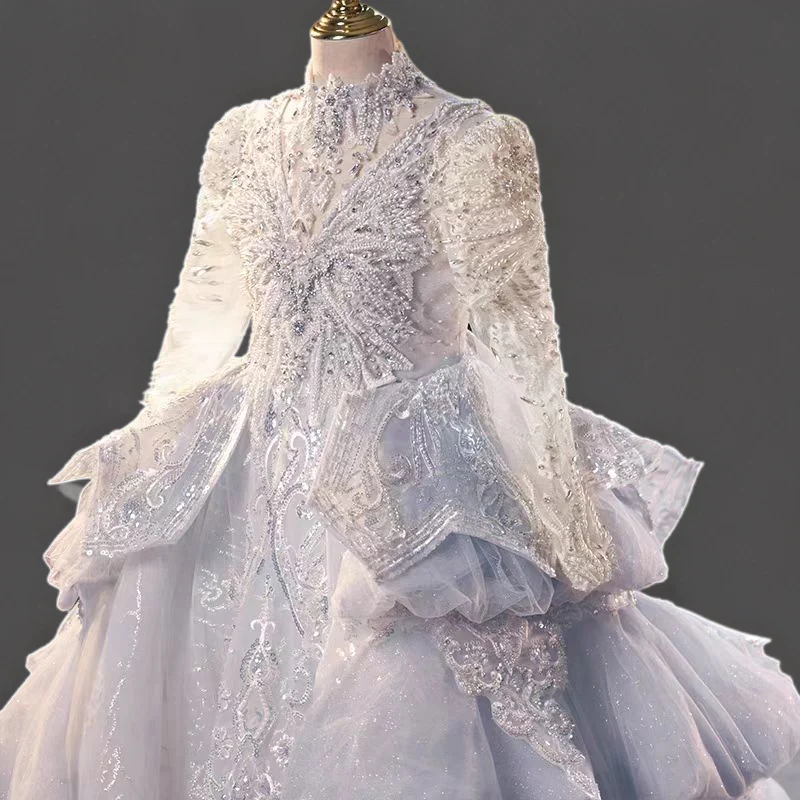 Silver High-Neck Long Sleeve Flower Girl Gown with Lace Appliqué and Layered Tulle Skirt - Plus Size - Image 5