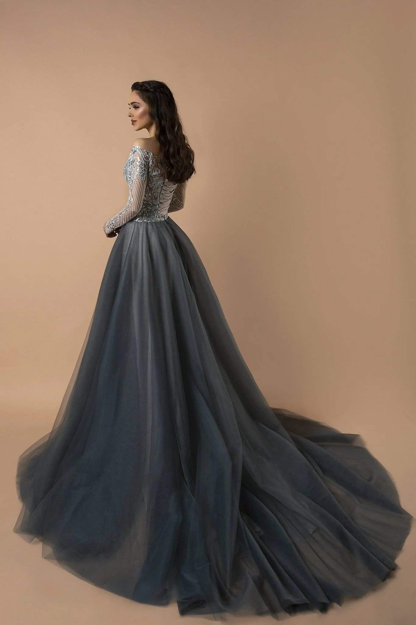 Silver Moonlight Off-Shoulder Lace-Embellished Gown with Sheer Long Sleeves - Majestic Grey Wedding Dress Plus Size - Image 2
