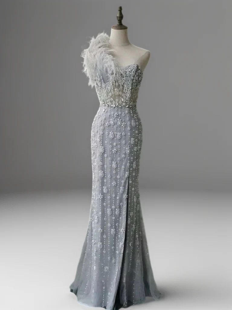 Silver Sequin and Feather Dress – One Shoulder Embellished Gown with Slit Plus Size