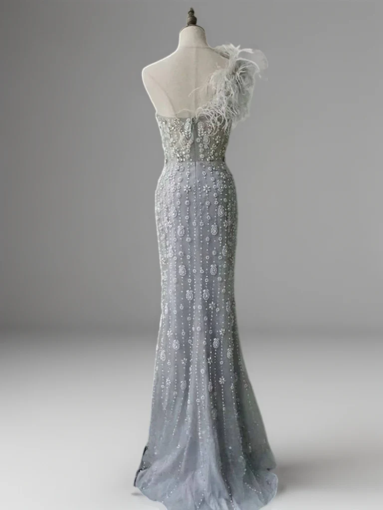 Silver Sequin and Feather Dress – One Shoulder Embellished Gown with Slit Plus Size - Image 2