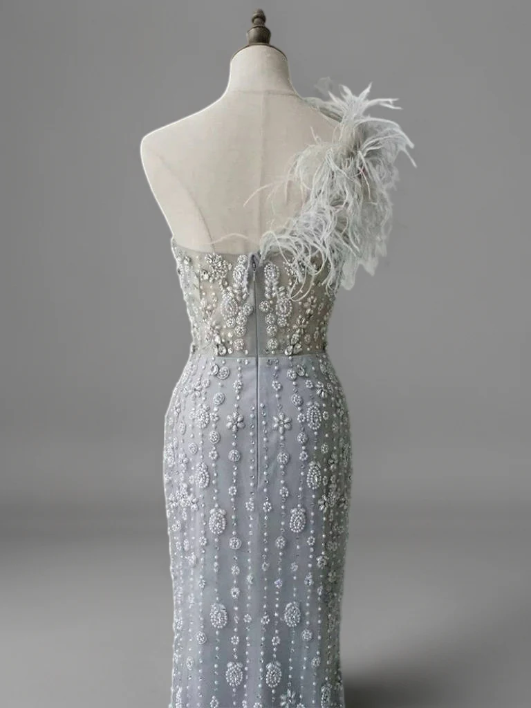 Silver Sequin and Feather Dress – One Shoulder Embellished Gown with Slit Plus Size - Image 3