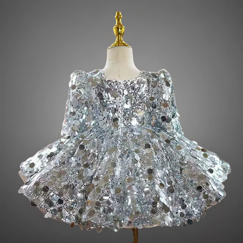 Silver Sequin Long Sleeve Flower Girl Dress – Plus Size - Image 3