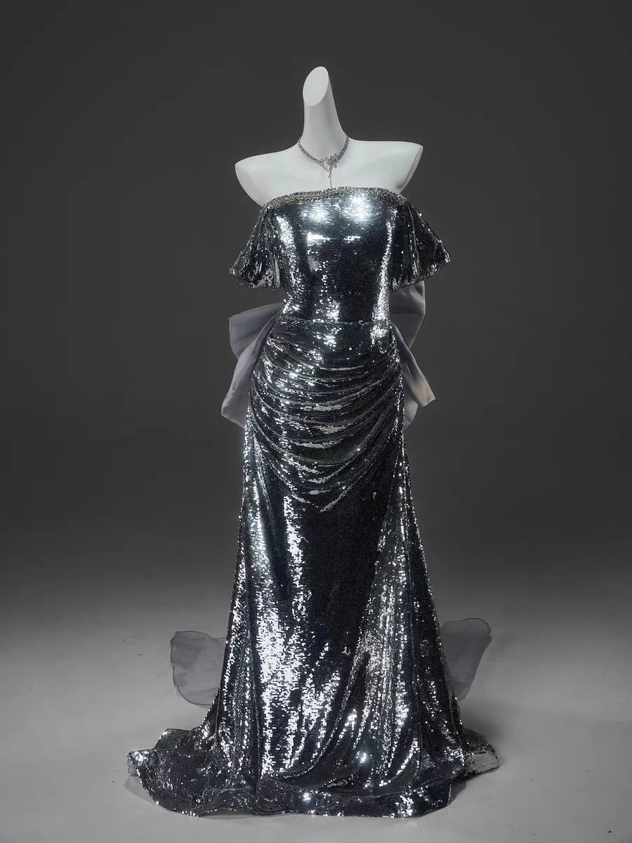 Silver Sequin Off-the-Shoulder Evening Gown with Elegant Draping - Plus Size