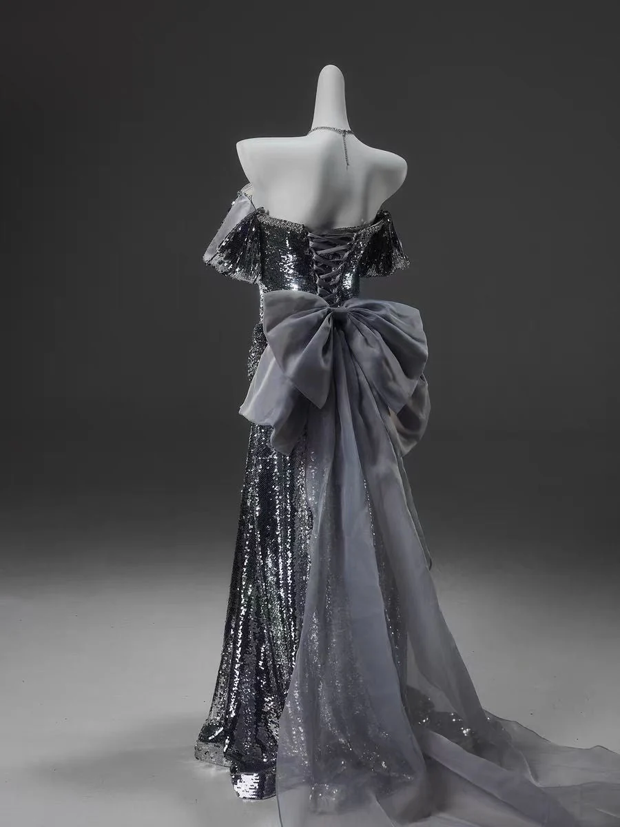 Silver Sequin Off-the-Shoulder Evening Gown with Elegant Draping - Plus Size - Image 2