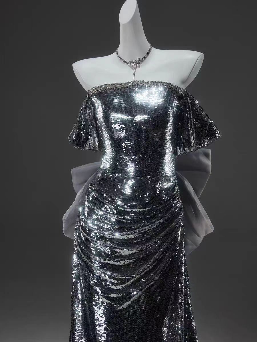 Silver Sequin Off-the-Shoulder Evening Gown with Elegant Draping - Plus Size - Image 3