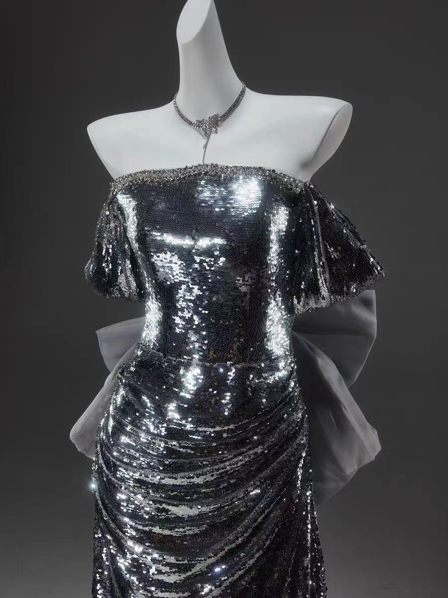 Silver Sequin Off-the-Shoulder Evening Gown with Elegant Draping - Plus Size - Image 4