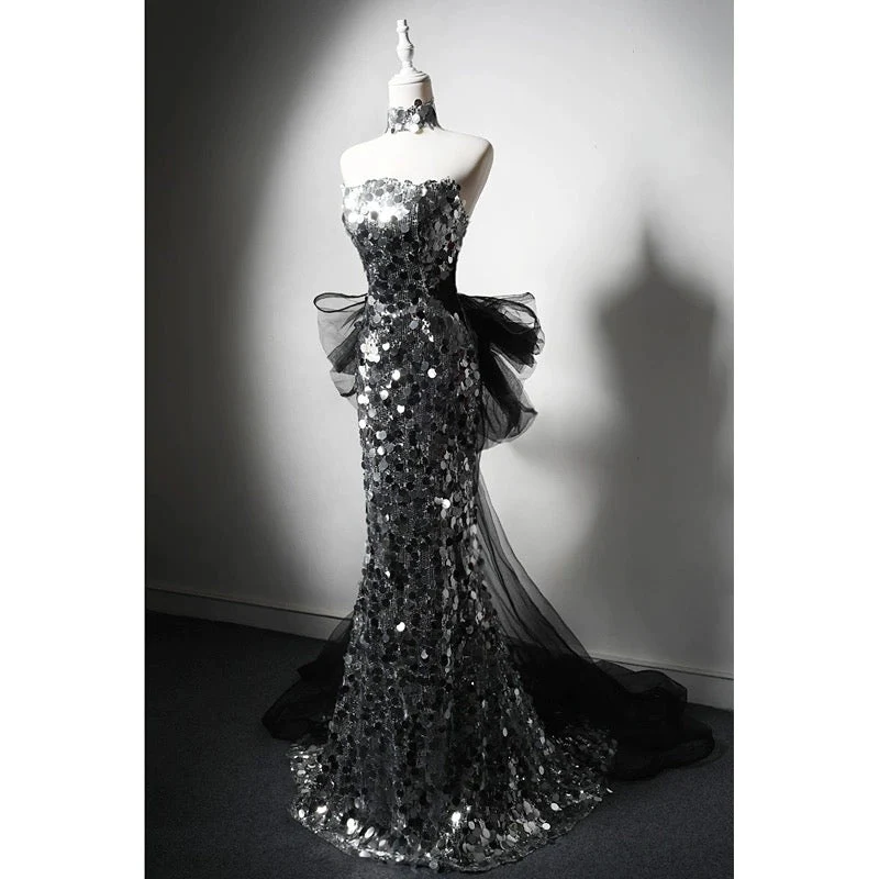 Silver Sequin Strapless Evening Gown with Corset - Silver Sequined Mermaid Dress with Bow Plus Size - Image 2