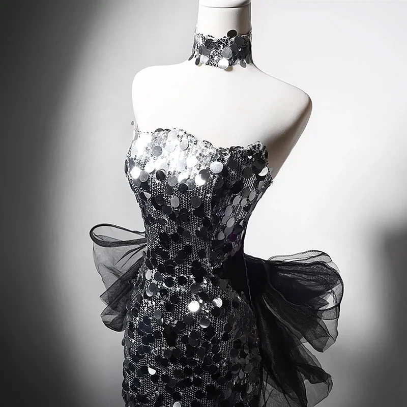 Silver Sequin Strapless Evening Gown with Corset - Silver Sequined Mermaid Dress with Bow Plus Size - Image 4