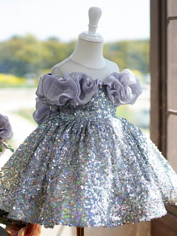 Silver Sequined Flower Girl Dress with Lavender Ruffle Shoulders Plus Size - Image 2