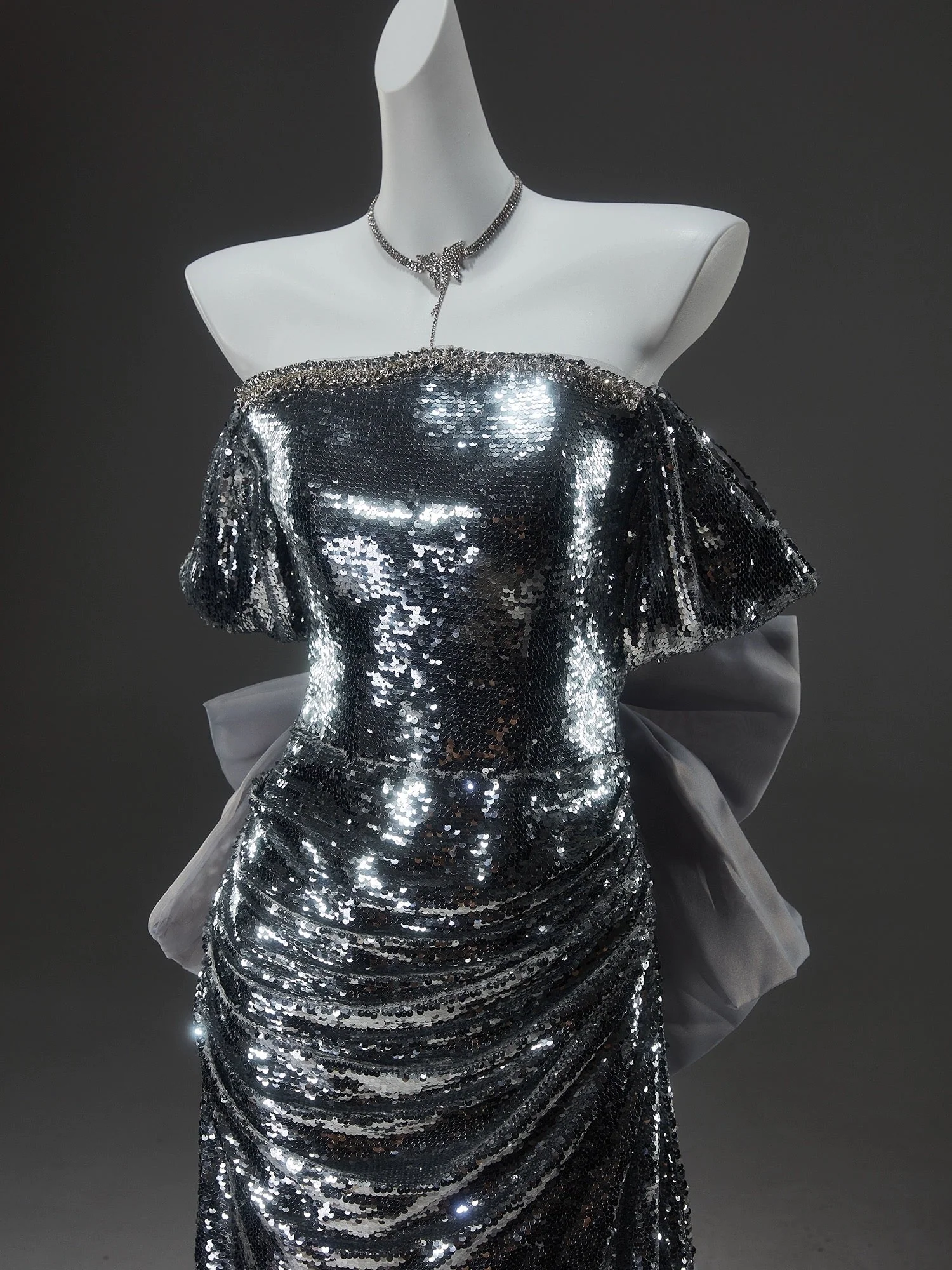 Silver Strapless Glitter Dress and Pretty Sequin Dress - Elegant Corset Back Evening Gown with Bow Plus Size - Image 3