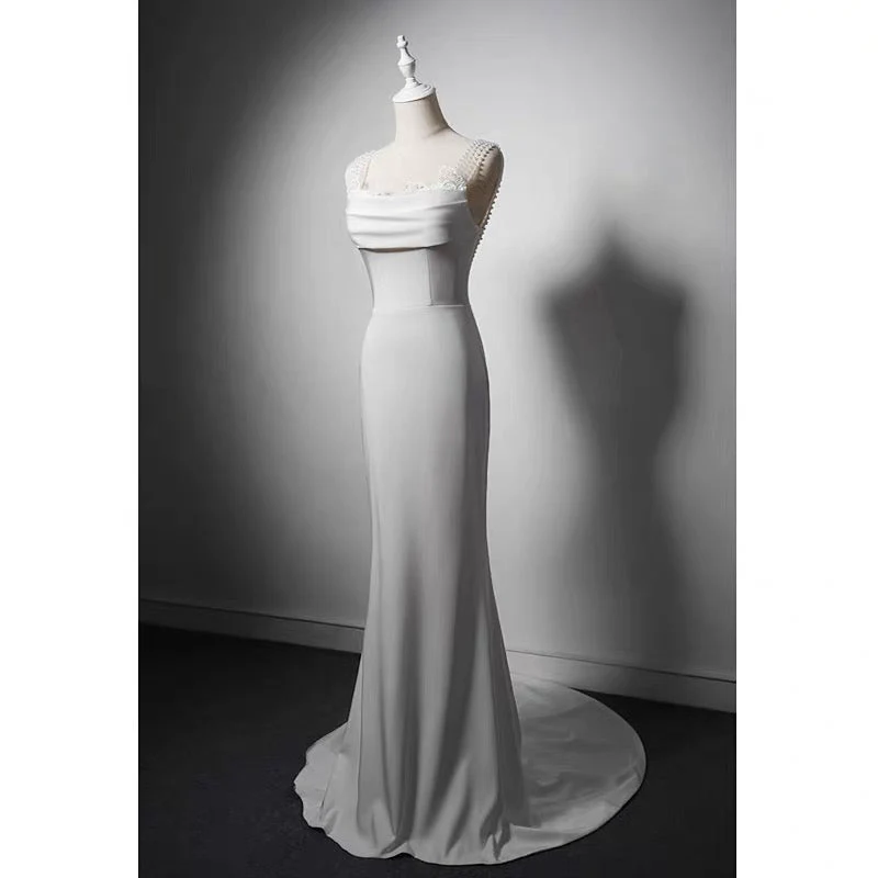 Simple Lace Boho Mermaid Wedding Dress With Pearl Chains - Slip Plus Size