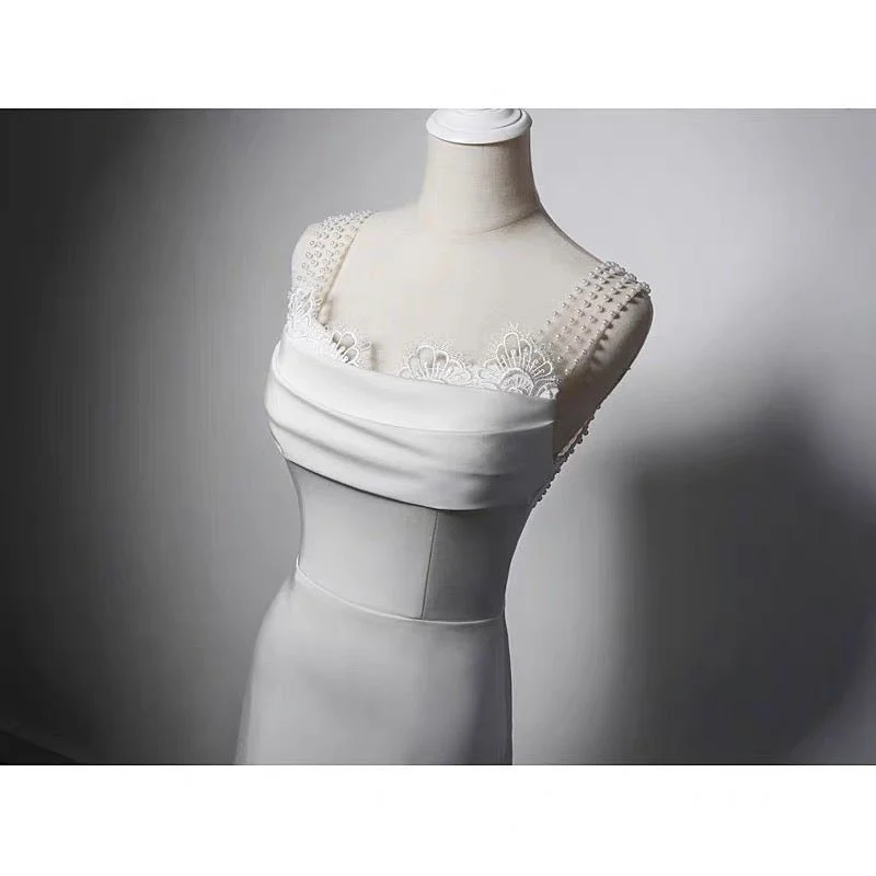 Simple Lace Boho Mermaid Wedding Dress With Pearl Chains - Slip Plus Size - Image 2