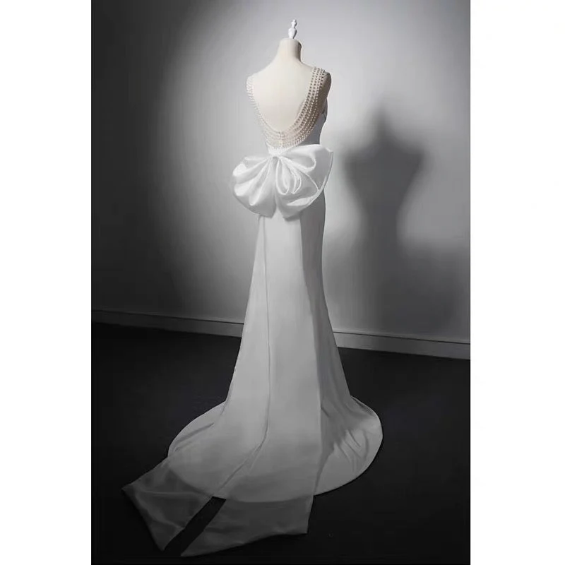 Simple Lace Boho Mermaid Wedding Dress With Pearl Chains - Slip Plus Size - Image 3
