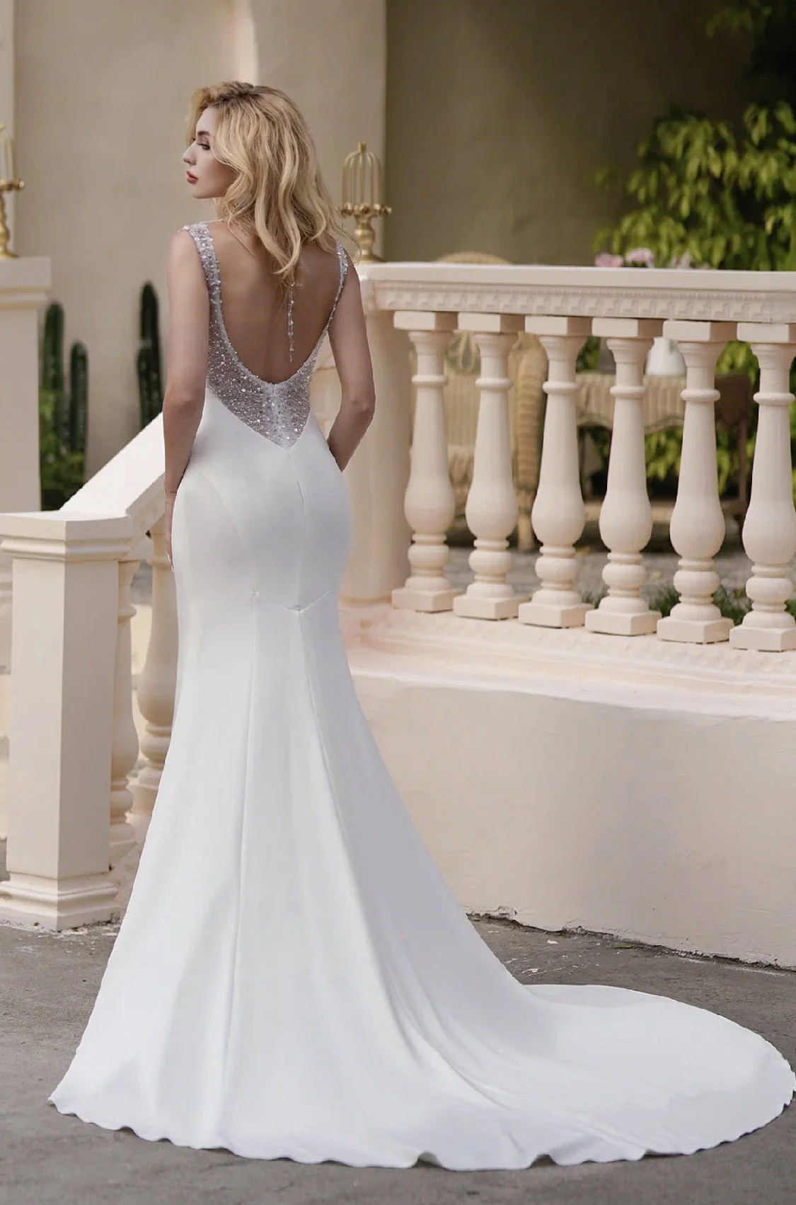 Simple Satin Fit And Flare Sheath Light Ivory Wedding Dresses With Beaded Backless - Plus Size - Image 3