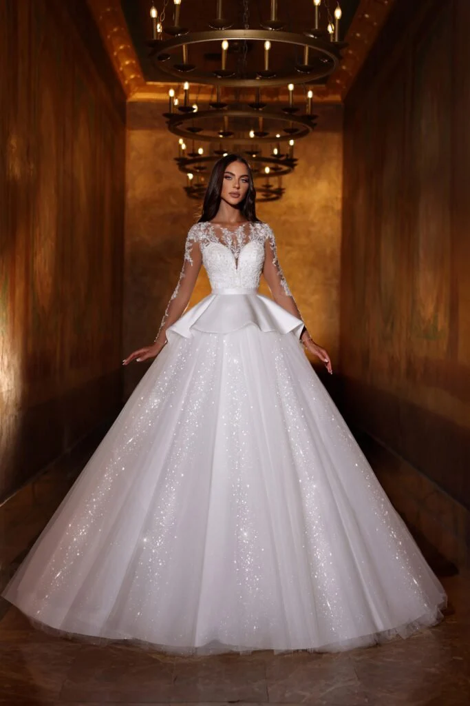 Sophisticated Lace and Sparkle Wedding Gown With Unique Waist Deisgn And Bow Plus Size