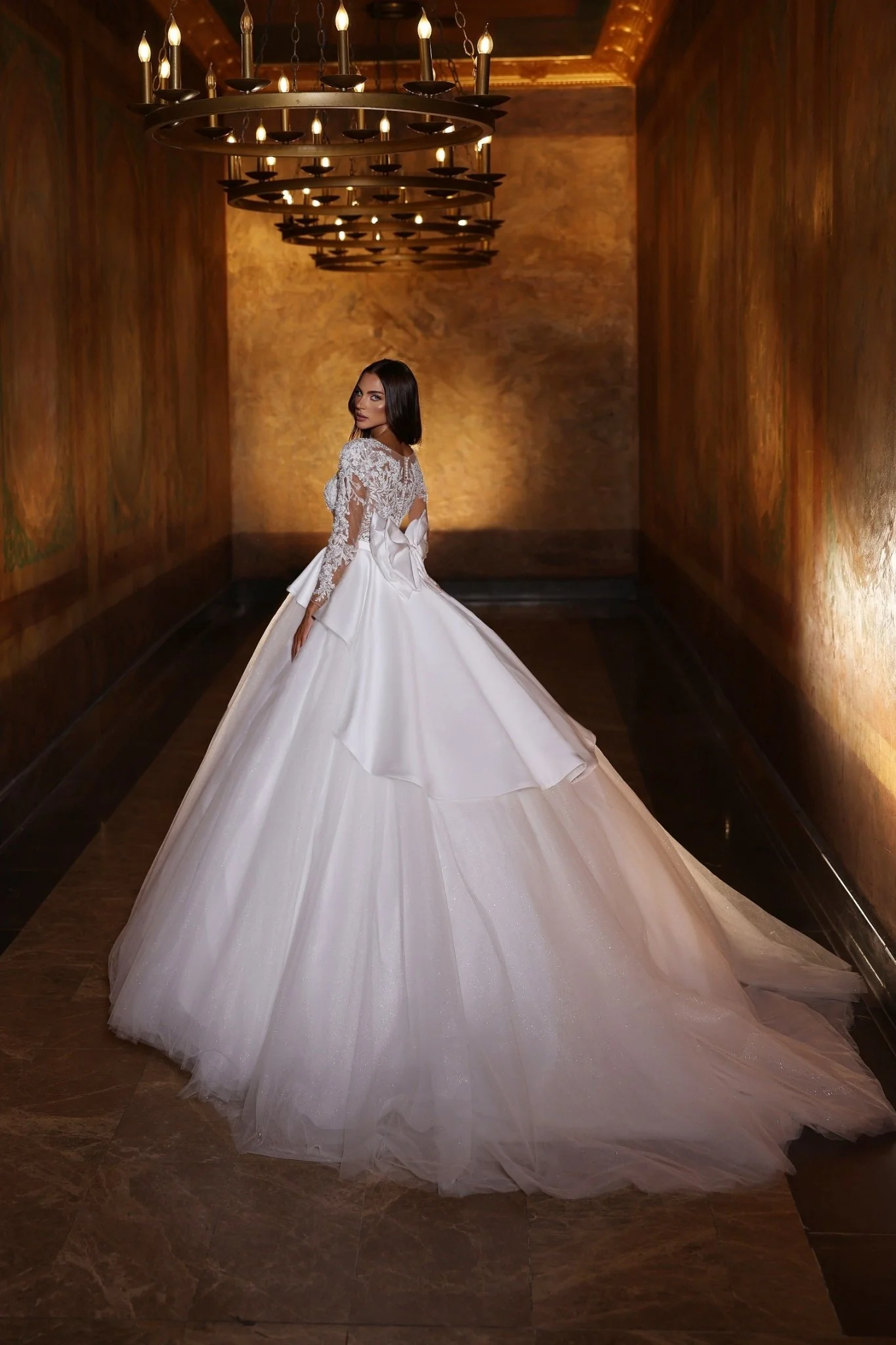 Sophisticated Lace and Sparkle Wedding Gown With Unique Waist Deisgn And Bow Plus Size - Image 2