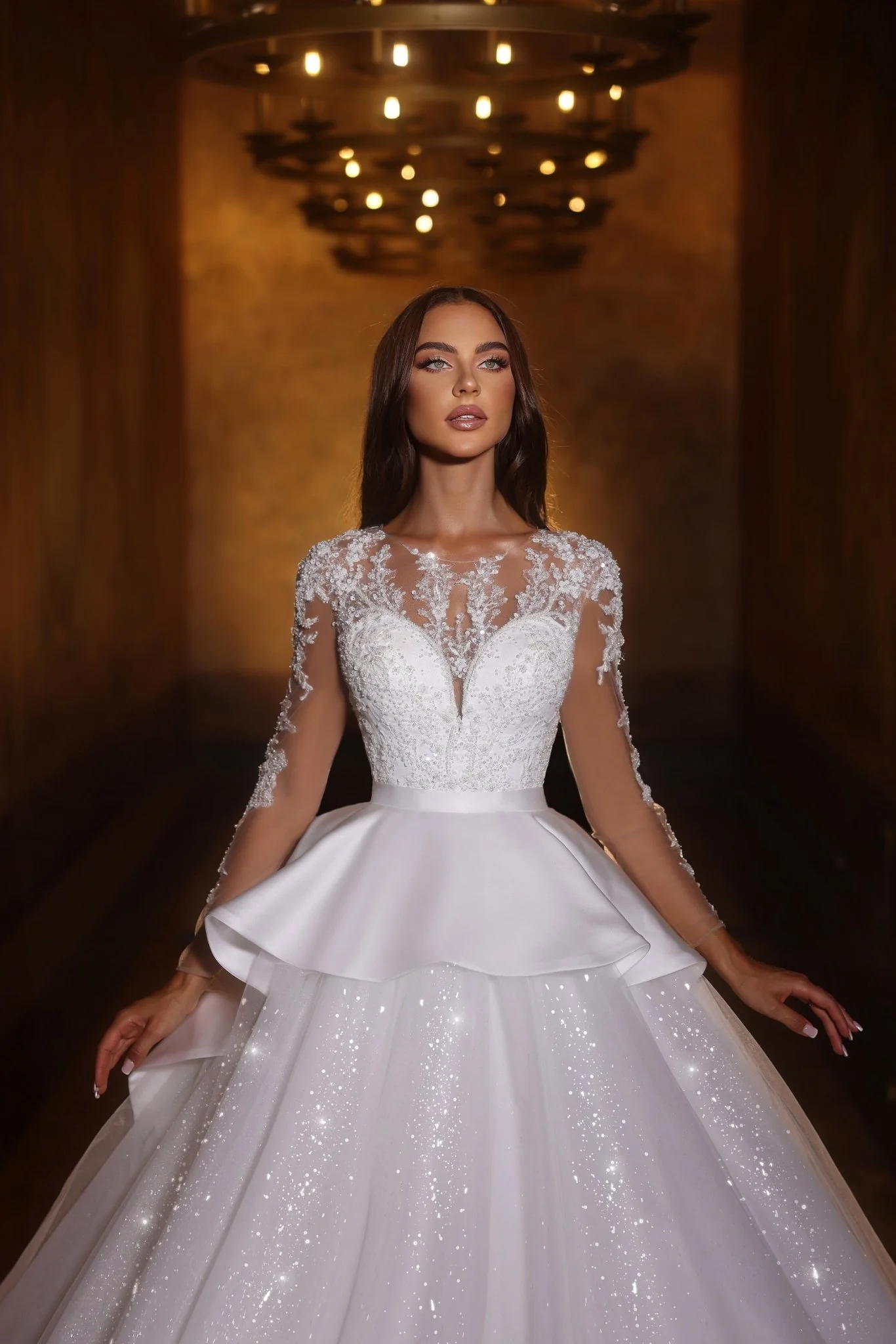 Sophisticated Lace and Sparkle Wedding Gown With Unique Waist Deisgn And Bow Plus Size - Image 3