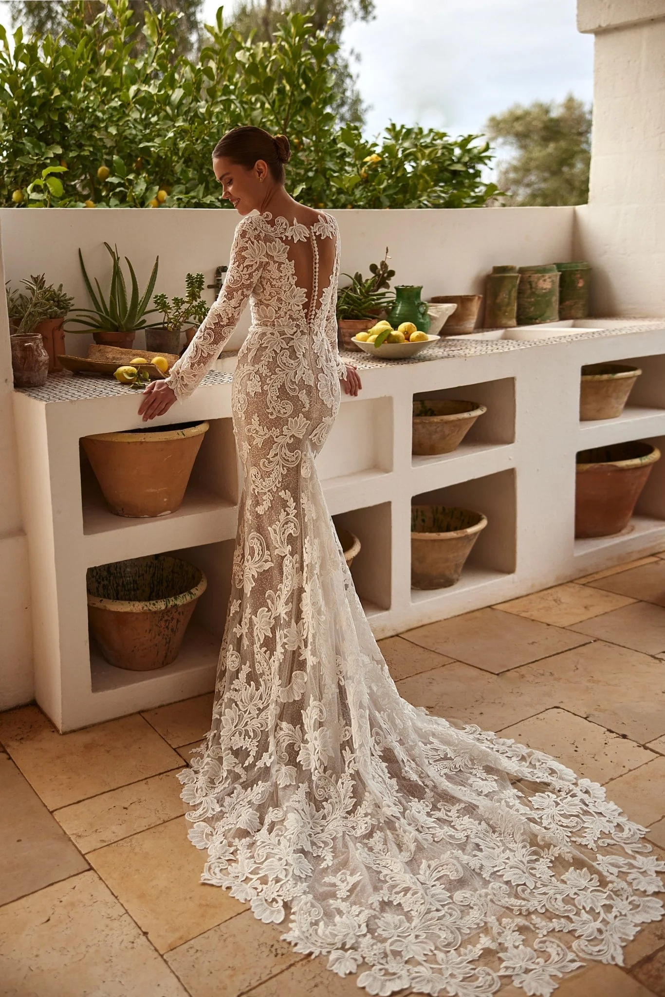 Sophisticated Lace Mermaid Wedding Gown with Deep V-Neck and Long Sleeves Plus Size - Image 3