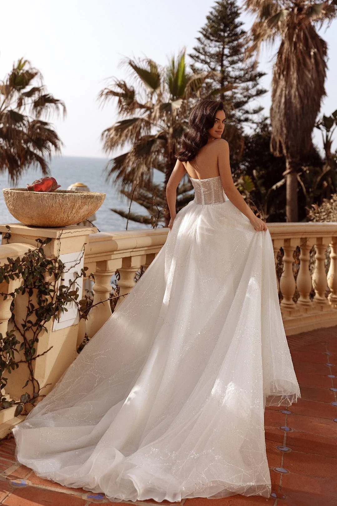 White Sparkling Sheer Lace Wedding Dress with Flowing Train - Plus Size-Suzanna - Image 4