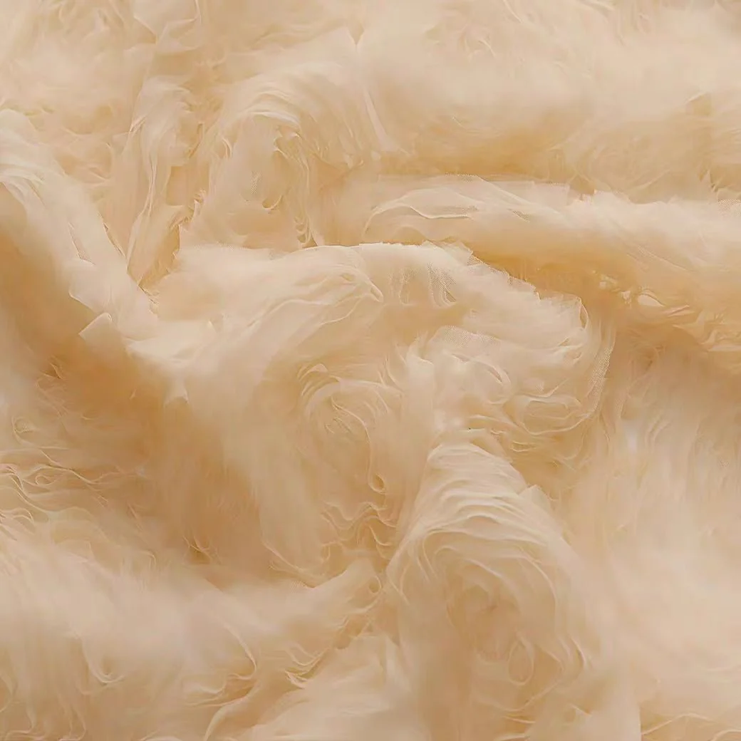 Three-Dimensional Large Rose Floral Embroidered Tulle Fabric in Soft Cream - Image 3