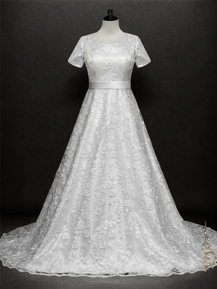 Timeless Sophistication: Modest Lace A-Line Wedding Dress with Short Sleeves Plus Size